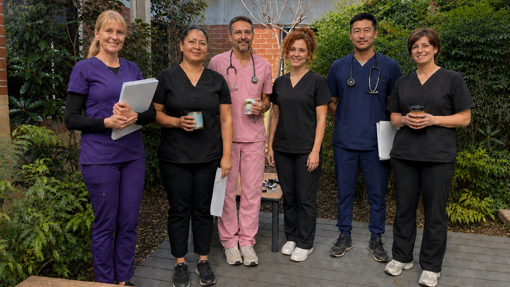 A group of six medical professionals standing outdoors in a garden setting. They are wearing scrubs in varied colors, holding coffee cups and clipboards, smiling warmly.